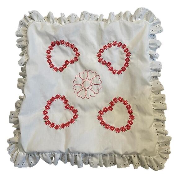 Vintage floral heart embroidered accent pillow case eyelet ruffle trim - Picture 1 of 5